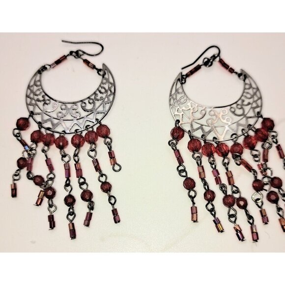 Women's Tribal Style Hand Crafted Earrings Silver Tone Metals Ruby Red Beads - Picture 4 of 4